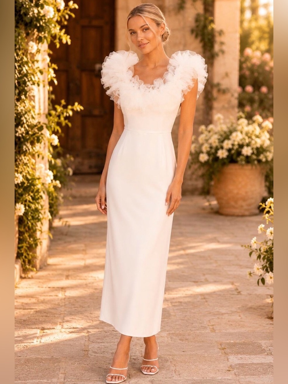 Entro White Ruffle Tulle Midi Dress Large Bridal Shower Engagement